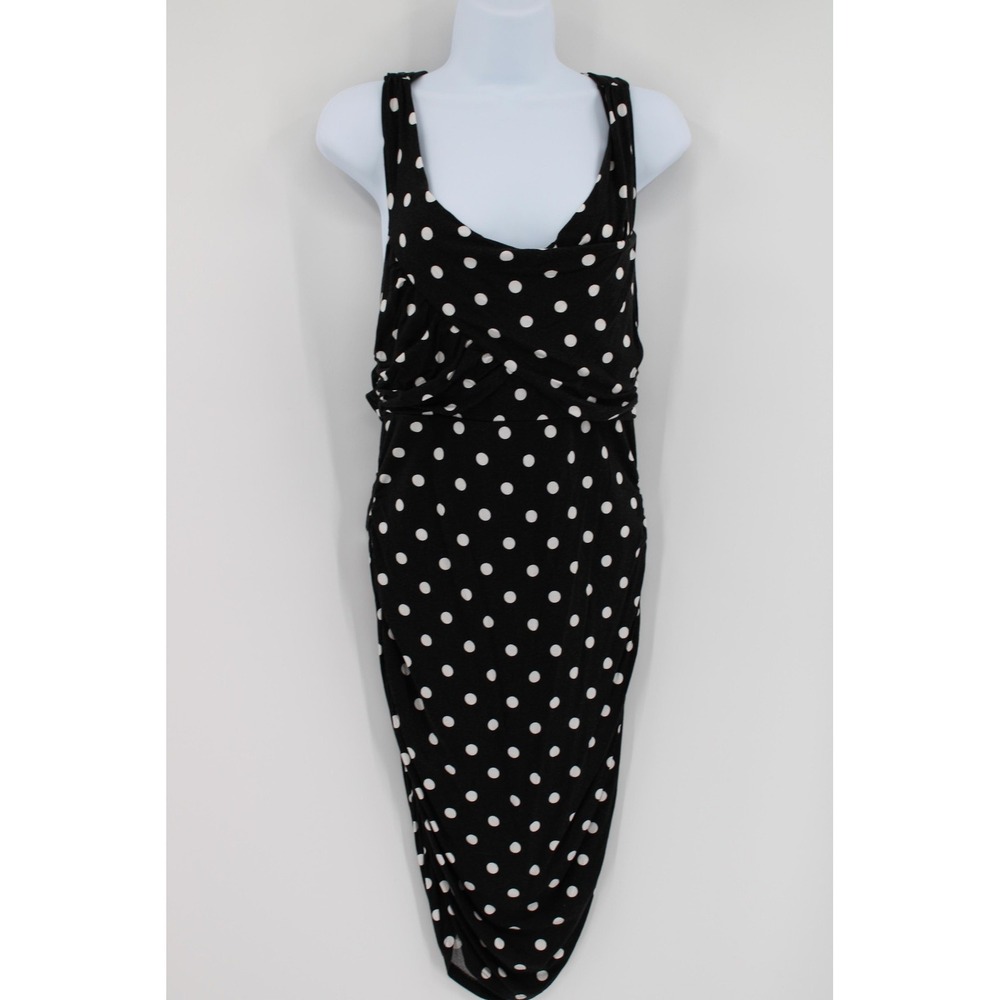 Venus Dress Womens Medium Black White Polka Dot Ruched Crisscross Back Tank Midi